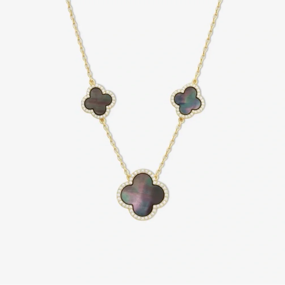 Stella Rose London Black Mother of Pearl Clover Necklace Gold Plated Crystal Pav